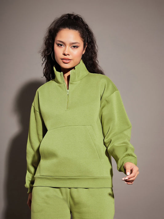 Women Olive Fleece Front Zipper Sweatshirt