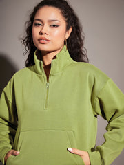 Women Olive Fleece Front Zipper Sweatshirt