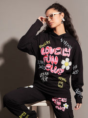 Women Black LOVELY FUN CLUB Hoodie