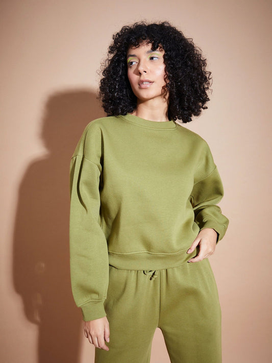 Women Olive Premium Fleece Oversized Sweatshirt