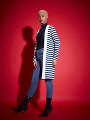 Women Navy & White Striped Front Open Sweater