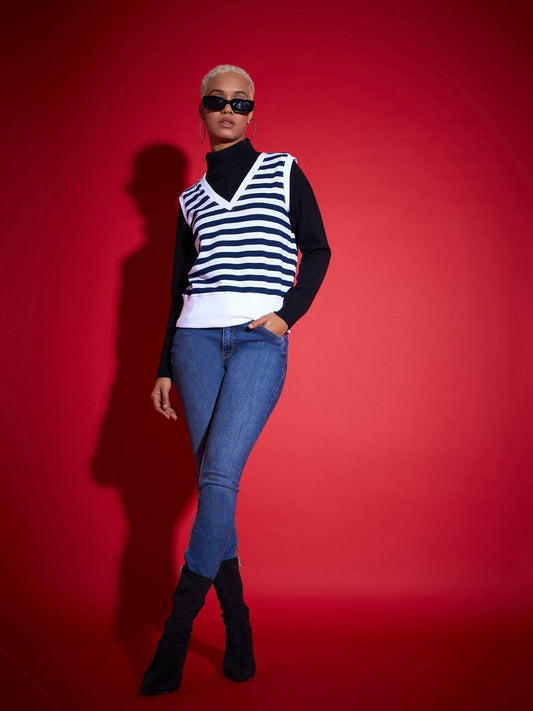 Women Navy & White Striped V-Neck Sleeveless Sweater