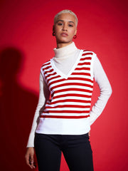 Women Red & White Striped V-Neck Sleeveless Sweater