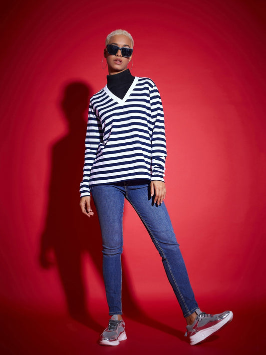 Women Navy & White Striped Sweater