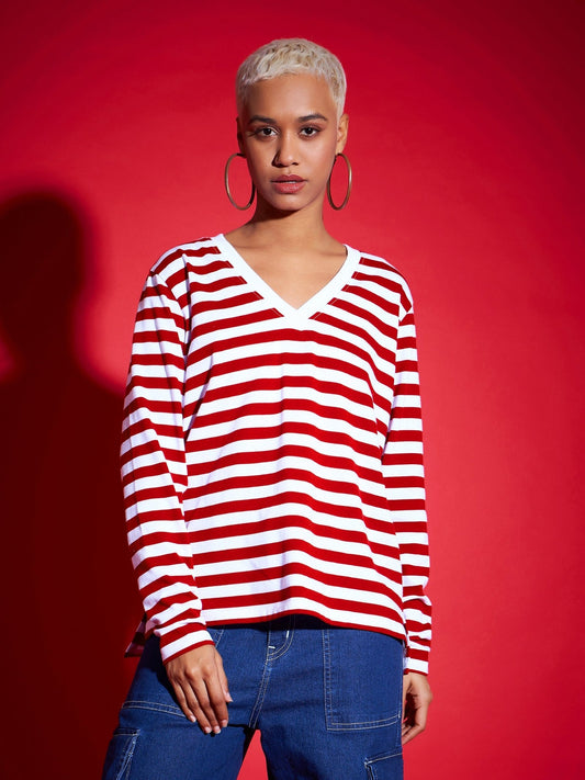 Women Red & White Striped Sweater