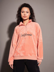 Women Pink Fur CALIFORNIA Embroidered High Neck Sweatshirt