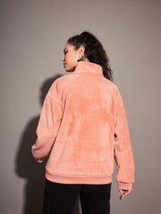 Women Pink Fur CALIFORNIA Embroidered High Neck Sweatshirt