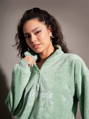 Women Green Fur CALIFORNIA Embroidered High Neck Sweatshirt