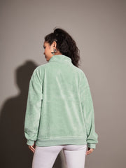 Women Green Fur CALIFORNIA Embroidered High Neck Sweatshirt