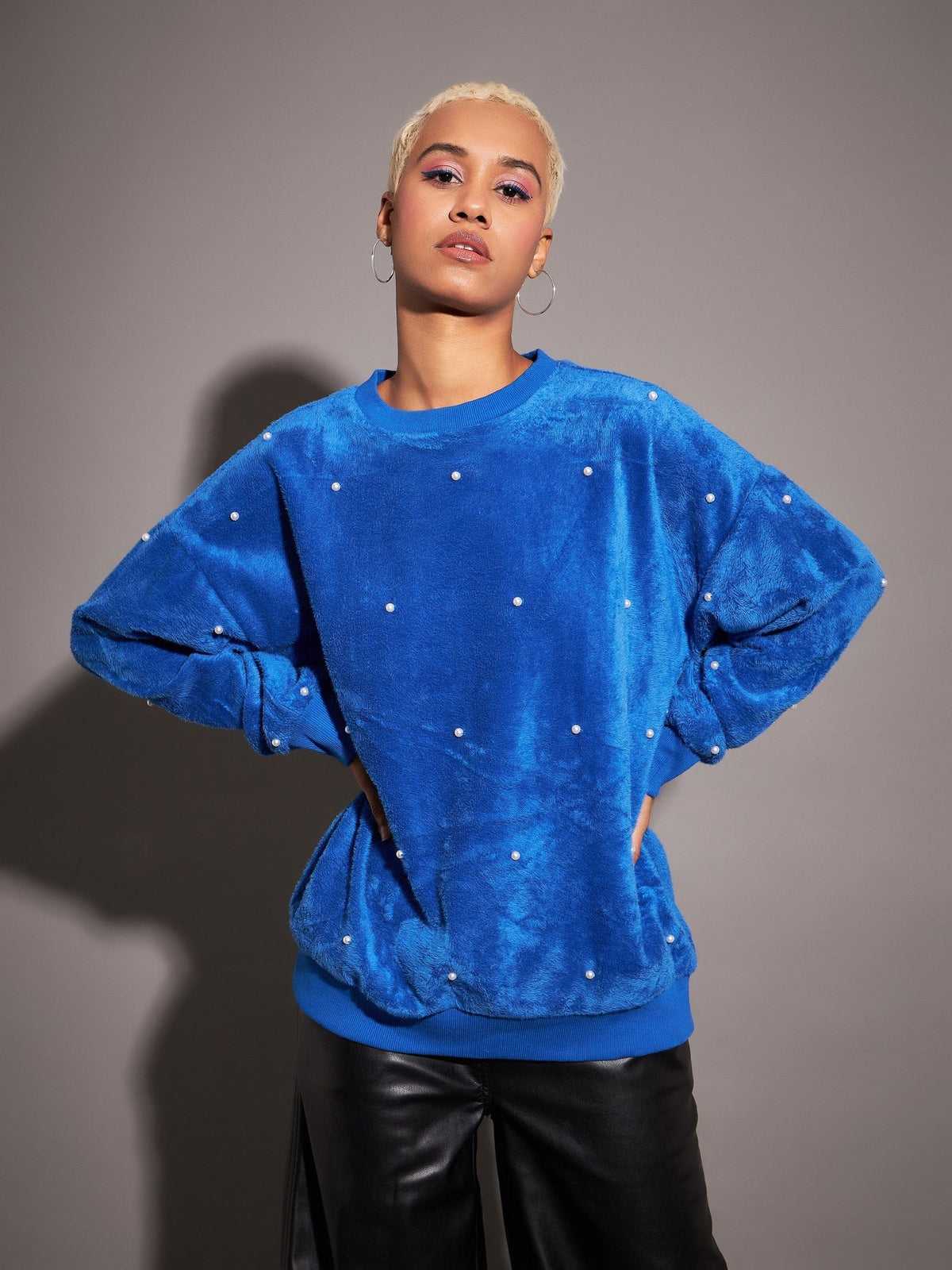 Women Royal Blue Fur Pearl Sweatshirt