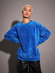 Women Royal Blue Fur Pearl Sweatshirt