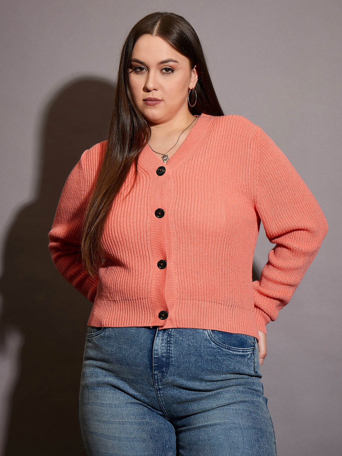 Women Curve Peach Front Button Cardigan