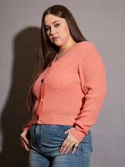 Women Curve Peach Front Button Cardigan