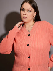 Women Curve Peach Front Button Cardigan