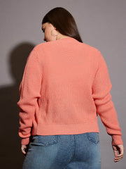 Women Curve Peach Front Button Cardigan