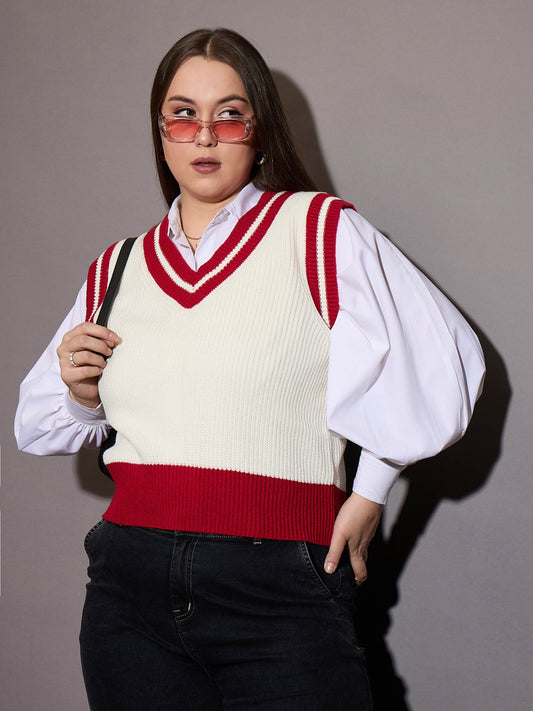 Women Curve Red & White Striped V-Neck Sweater Vest