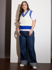 Women Curve Royal Blue & White Striped V-Neck Sweater Vest