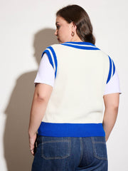 Women Curve Royal Blue & White Striped V-Neck Sweater Vest