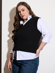 Women Curve Solid V-Neck Sweater Vest