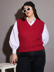 Women Curve Solid V-Neck Sweater Vest