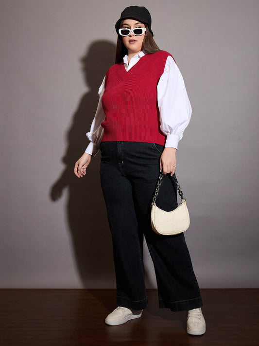 Women Curve Red Solid V-Neck Sweater Vest