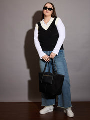 Women Curve Solid V-Neck Sweater Vest