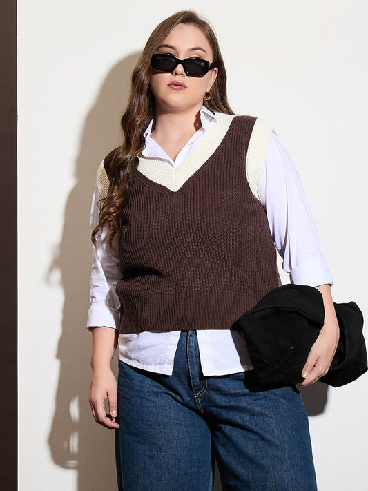 Women Curve Brown & White Solid V-Neck Sweater Vest