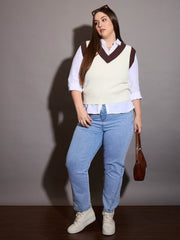 Women Curve White & Brown Solid V-Neck Sweater Vest