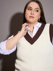 Women Curve White & Brown Solid V-Neck Sweater Vest