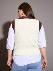 Women Curve White & Brown Solid V-Neck Sweater Vest