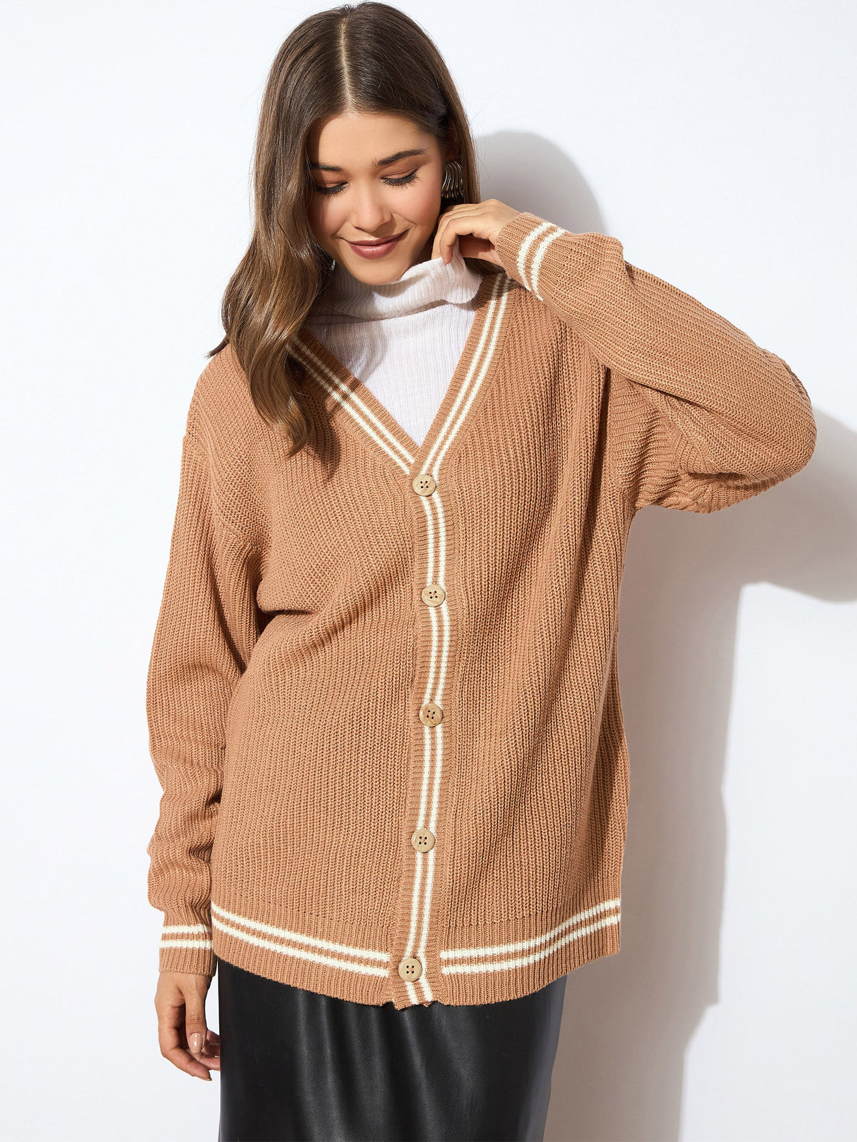 Women Beige Front Button Oversized Cardigan