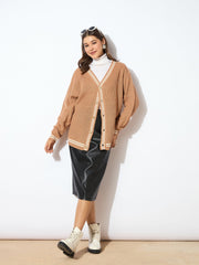 Women Beige Front Button Oversized Cardigan