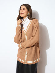 Women Beige Front Button Oversized Cardigan