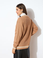 Women Beige Front Button Oversized Cardigan