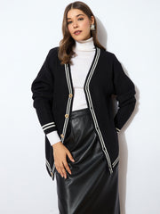 Women Black Front Button Oversized Cardigan