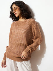 Women Beige Oversized Crochet Sweater