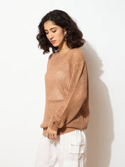 Women Beige Oversized Crochet Sweater