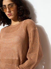 Women Beige Oversized Crochet Sweater