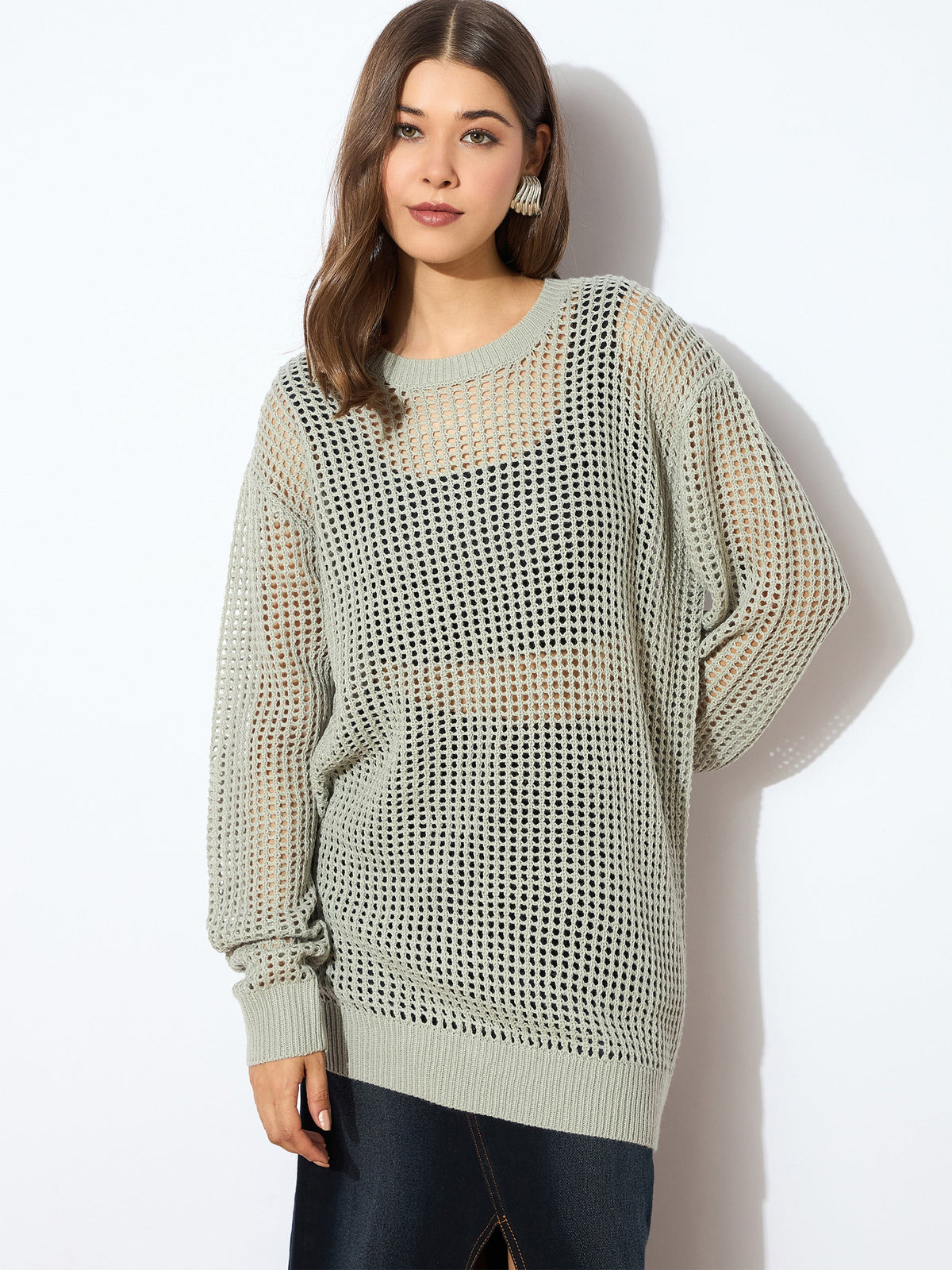 Women Grey Oversized Crochet Sweater