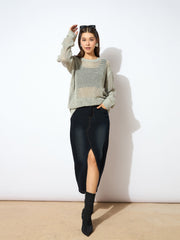 Women Grey Oversized Crochet Sweater