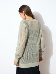 Women Grey Oversized Crochet Sweater