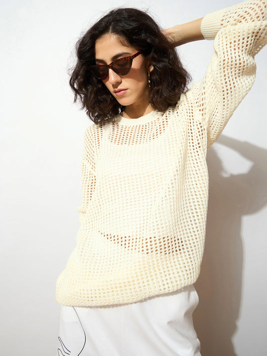 Women Off White Oversized Crochet Sweater