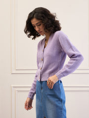 Women Lavender Front Button Cardigan