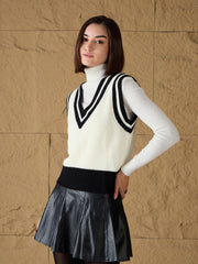 Women Black & White Striped V-Neck Sweater Vest