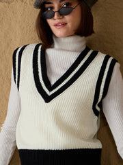 Women Black & White Striped V-Neck Sweater Vest