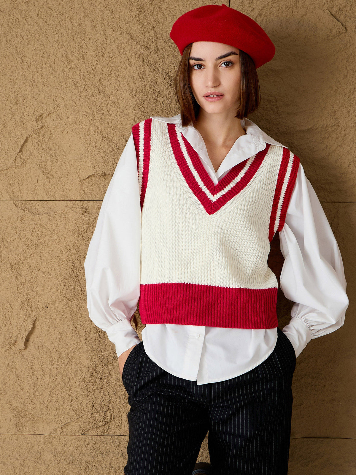 Women Red & White Striped V-Neck Sweater Vest