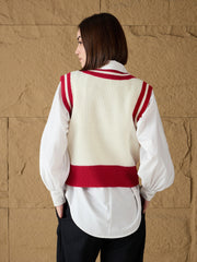 Women Red & White Striped V-Neck Sweater Vest