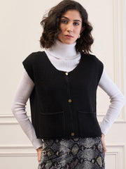 Women Black Front Button Extended Sleeves Pocket Sweater