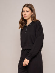 Women Black Terry Oversized Zipper Sweatshirt