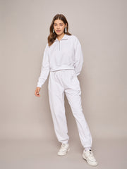 Women White Terry Oversized Zipper Sweatshirt